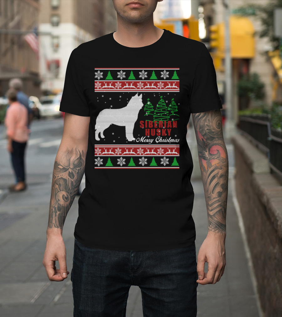 Siberian Husky Merry Christmas with Snowflakes and Christmas Trees T-Shirt