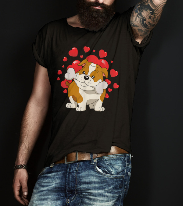 Adorable Bulldog Puppy Surrounded By Hearts Valentine's Day Love T-Shirt