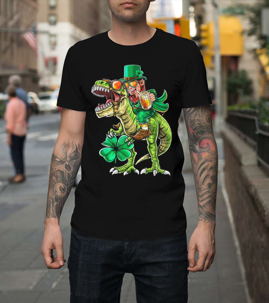 Leprechaun Riding Rex Dinosaur with Beer and Clover St Patrick's Day T-Shirt