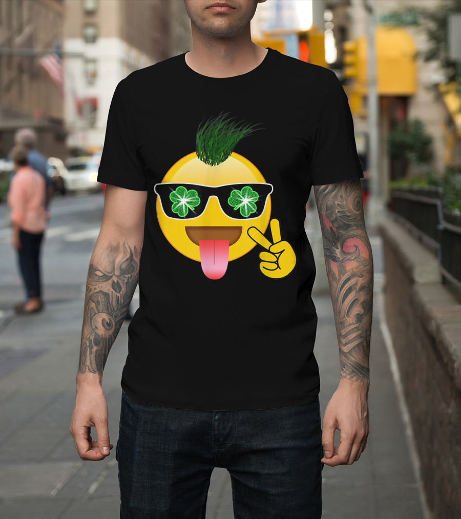 St Patrick's Day Shamrock Emoji with Sunglasses and Peace Sign T-Shirt