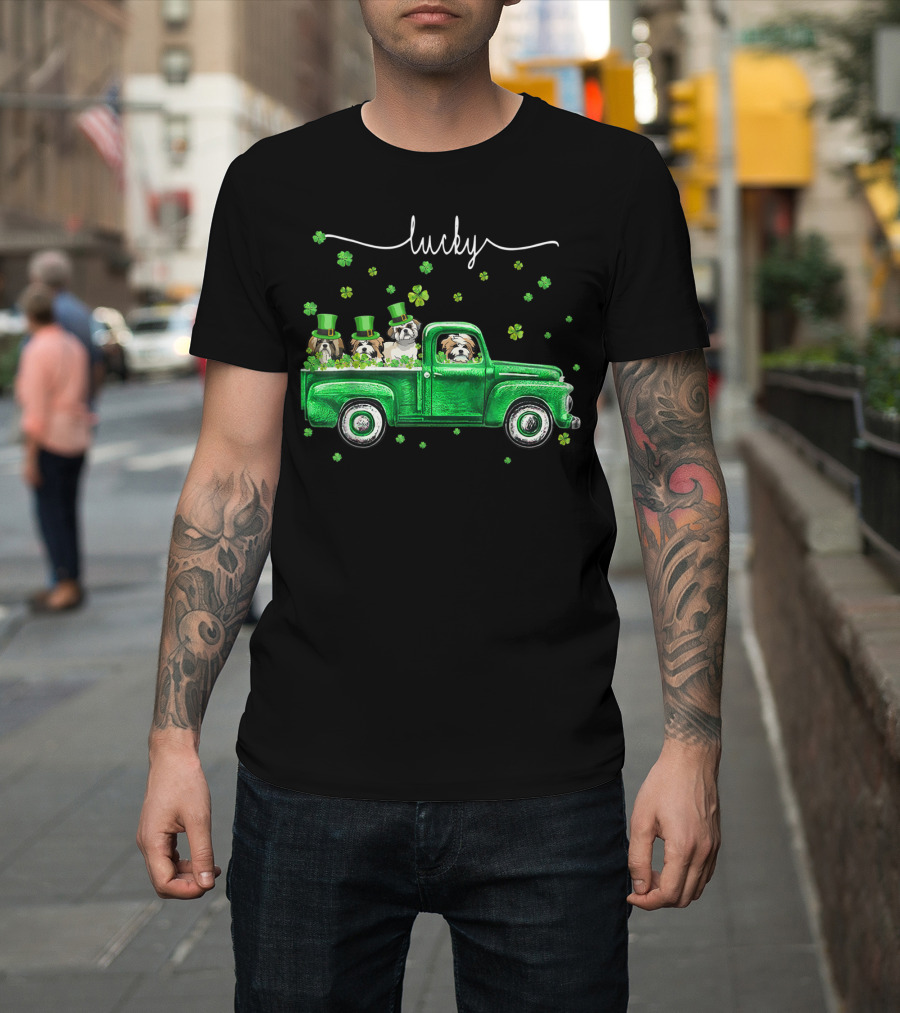 Lucky Shih Tzu Dogs in Green Truck with Shamrocks Saint Patrick's Day T-Shirt