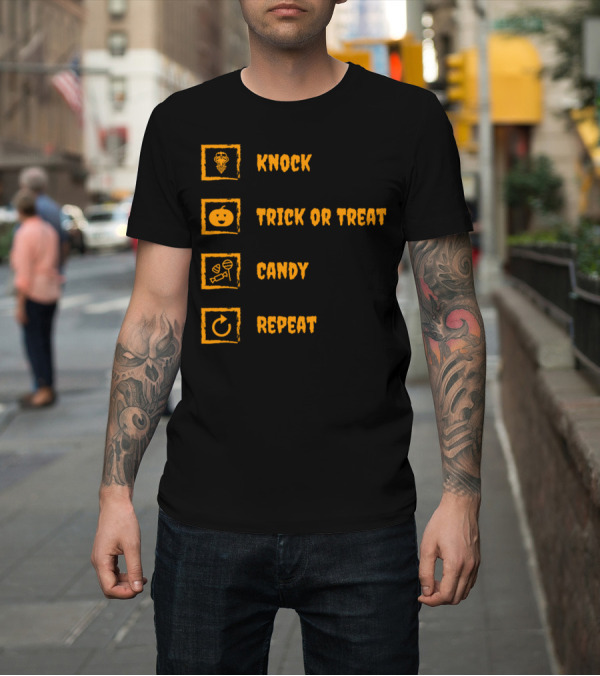 Shirt: Knock Trick or Treat Candy Repeat Halloween Icons T-Shirt Knock Trick or Treat Candy Repeat Halloween Icons T-Shirt