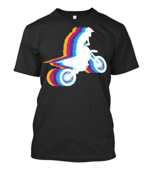 Distressed Vintage Motocross Motorcyclist Silhouette With Rainbow Trail T-Shirt