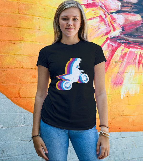 Distressed Vintage Motocross Motorcyclist Silhouette With Rainbow Trail T-Shirt