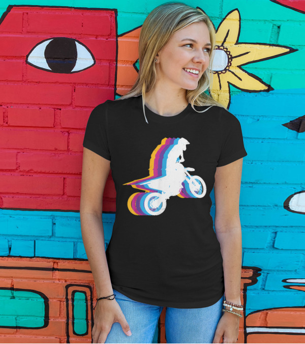 Distressed Vintage Motocross Motorcyclist Silhouette With Rainbow Trail T-Shirt