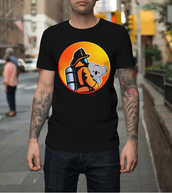 Shirt: Firefighter with Koala in Protective Suit and Helmet T-Shirt Firefighter with Koala in Protective Suit and Helmet T-Shirt