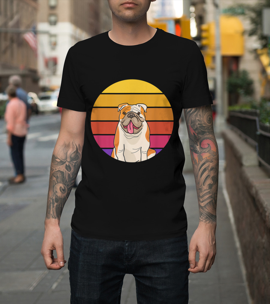 Cute Funny English Bulldog With A Smile Vintage Retro Color Stripes T-Shirt