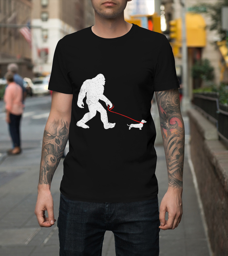 Bigfoot Sasquatch Walking Dachshund Funny Monster Myth Dog Leash Image T-Shirt