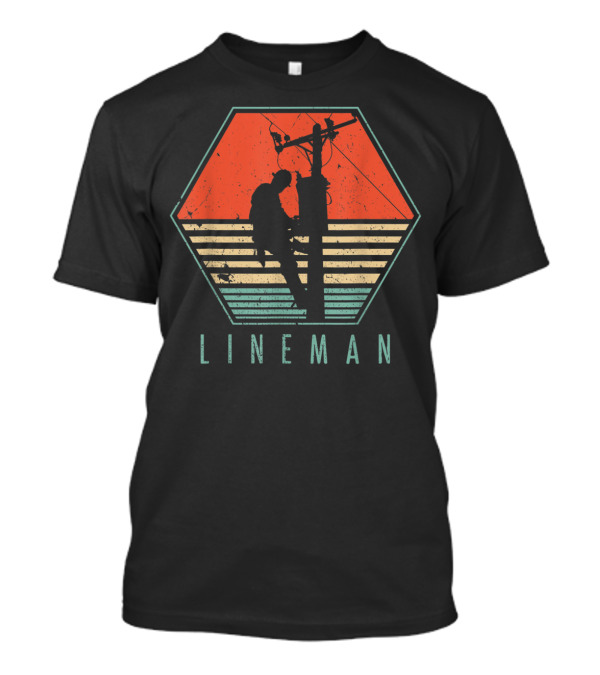 Mens Vintage Lineman Electrician Silhouette Retro Hexagon T-Shirt