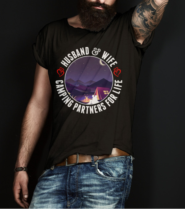 Husband And Wife Camping Partners For Life Under Starry Night With Loving Hearts T-Shirt