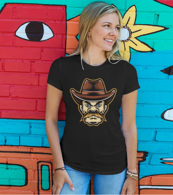 Cartoon Cowboys Fierce Mustached Cowboy Head T-Shirt