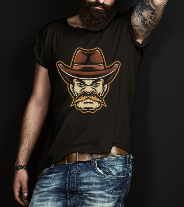 Cartoon Cowboys Fierce Mustached Cowboy Head T-Shirt