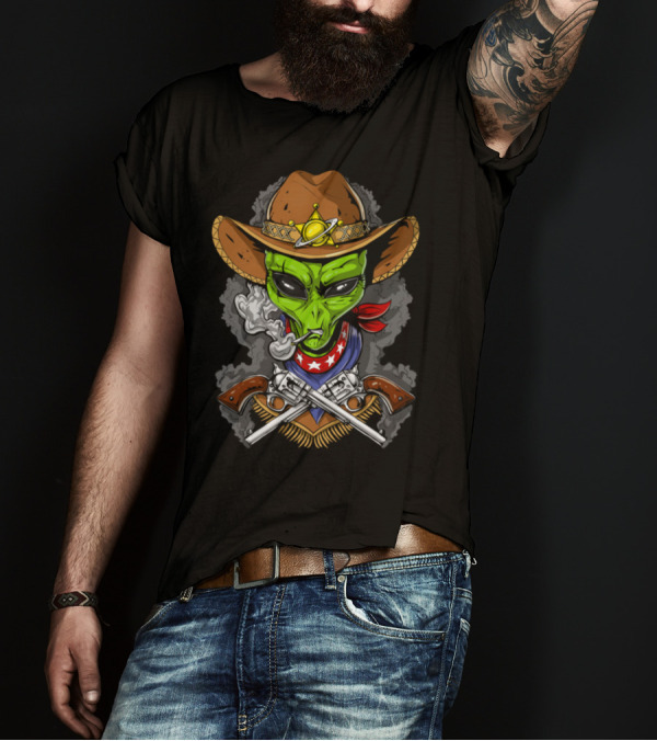 Alien Cowboy Sheriff Smoking With Crossed Pistols T-Shirt