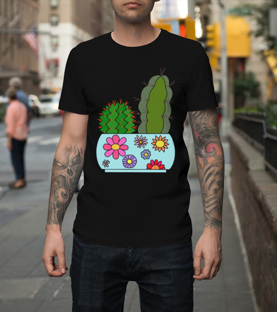 Cacti in Floral Patterned Pot with Colorful Flowers T-Shirt