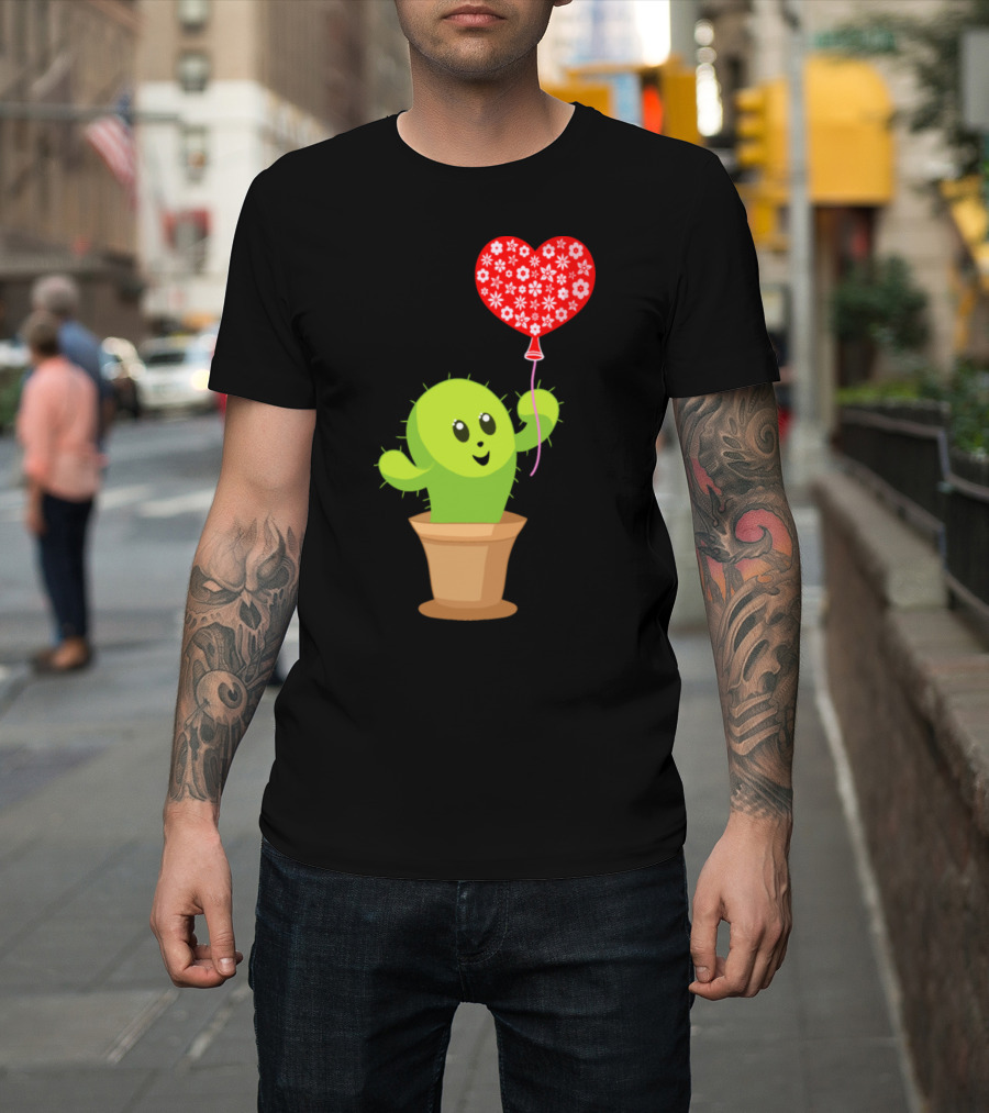 Happy Funny Kawaii Cactus Holding Red Heart Balloon with Flower T-Shirt