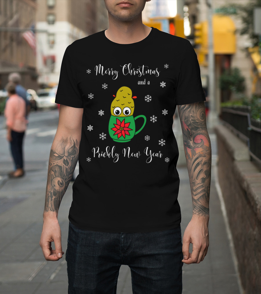 Merry Christmas and a Prickly New Year Cute Cactus in Festive Mug with Snowflakes T-Shirt