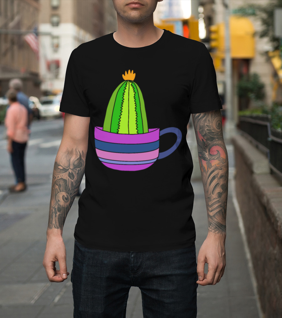 Striped Teacup with Tiny Cactus and Bright Yellow Flower Top T-Shirt
