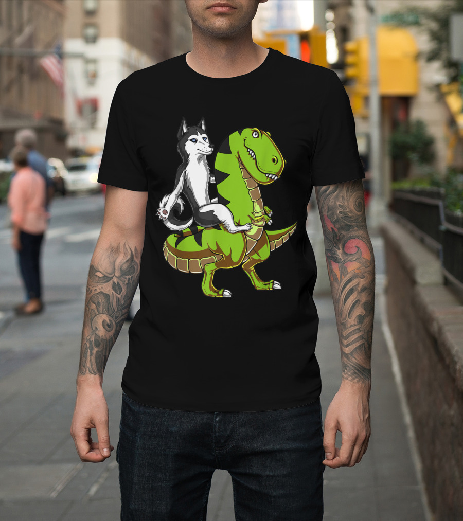 Siberian Husky Riding Green Rex Dinosaur T-Shirt