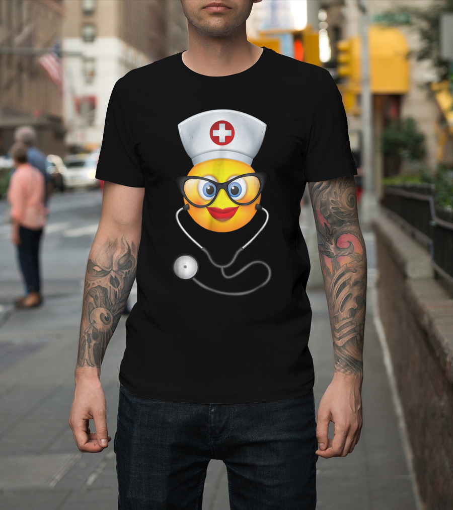 Halloween Nurse Emoji with Glasses and Stethoscope T-Shirt