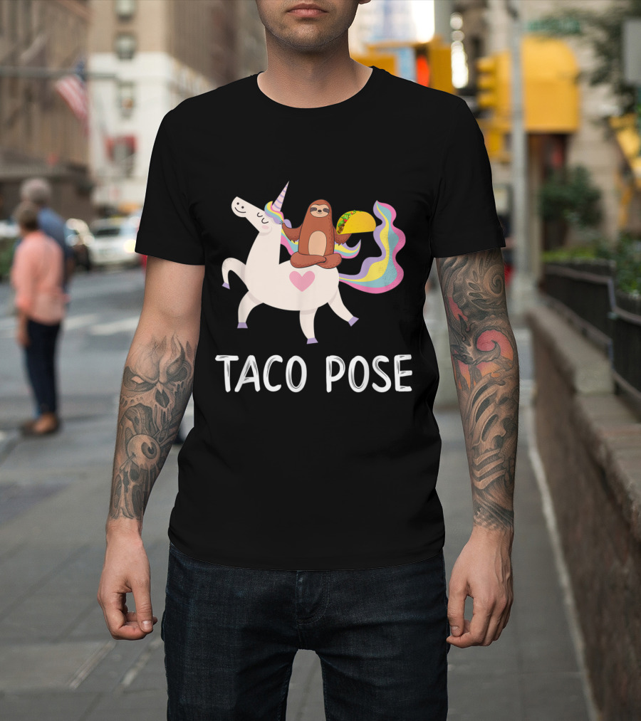 Taco Pose: Sloth in Yoga on Unicorn with Rainbow Mane Eating Taco T-Shirt