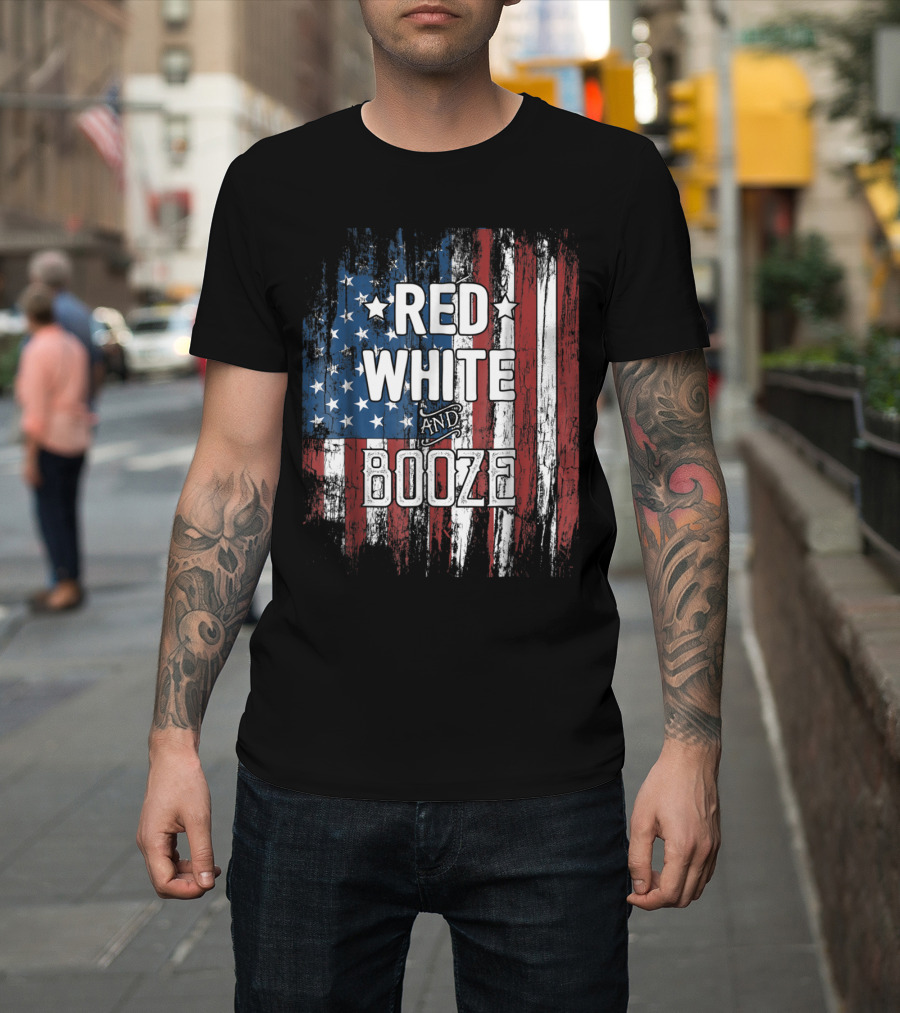 Red White and Booze Distressed American Flag Patriotic July T-Shirt