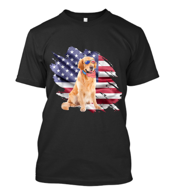 Patriotic Golden Retriever Wearing American Flag Sunglasses With USA Flag For 4th July T-Shirt