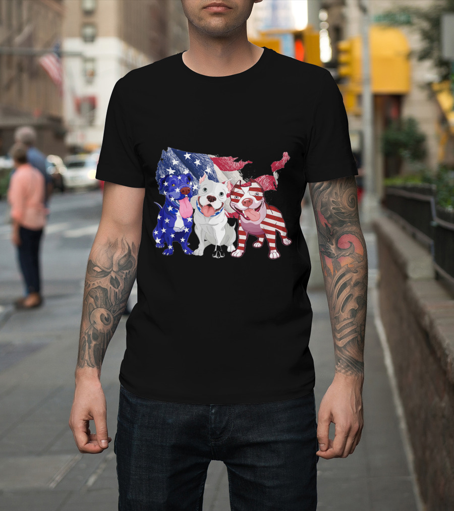 Pitbull Trio with American Flag Colors USA Map Background T-Shirt