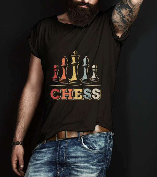 Vintage Chess Colorful Distressed Pieces And Text T-Shirt