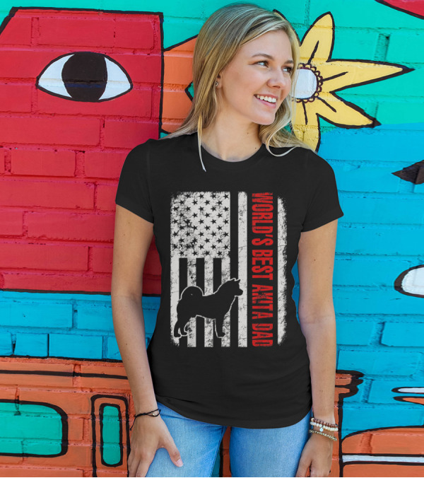 World's Best Akita Dad American Flag Silhouette Stars Stripes T-Shirt