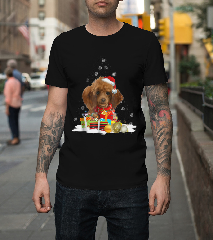 Poodles Christmas Dog with Santa Hat Surrounded by Gifts and Snowflakes T-Shirt