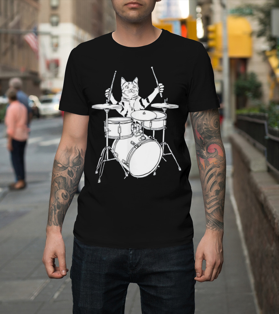 Funny Cat Playing Drums Drum Kit T-Shirt