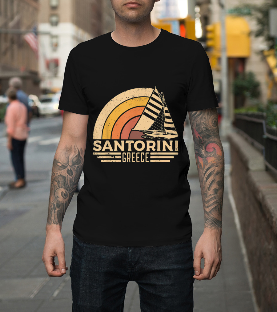 Vintage Santorini Greece Sailing Rainbow Stripes T-Shirt