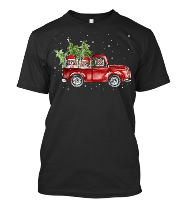 Papillion Dogs In Red Pickup Truck With Christmas Trees And Snowflakes T-Shirt