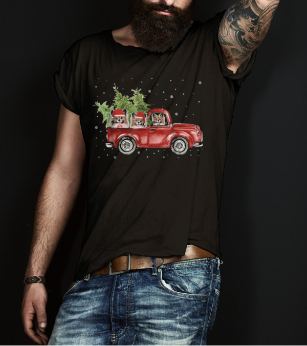 Papillion Dogs In Red Pickup Truck With Christmas Trees And Snowflakes T-Shirt