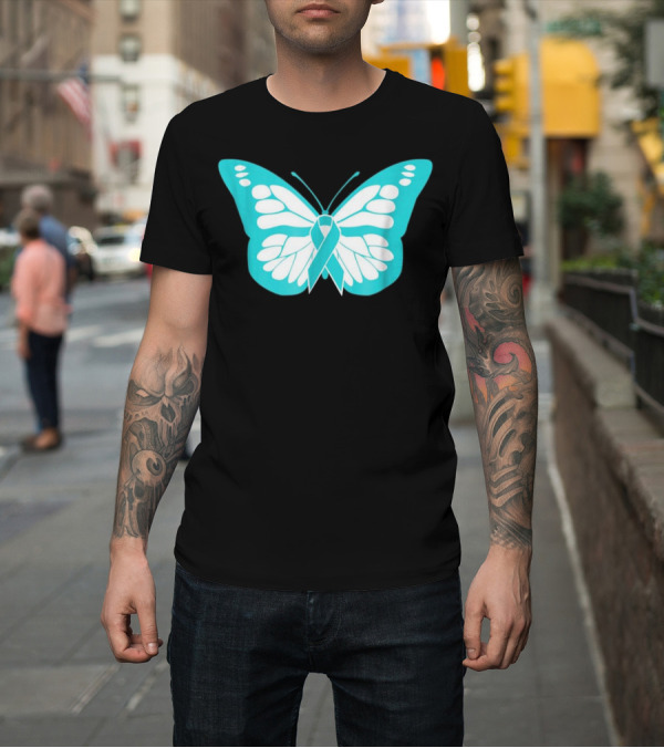 Shirt: Ribbon Butterfly Teal Awareness Allergic Reaction Foo T-Shirt Ribbon Butterfly Teal Awareness Allergic Reaction Foo T-Shirt