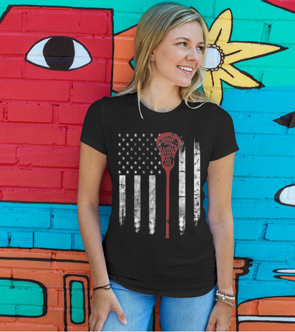 Lacrosse Stick USA Flag Premium Lacrosse American Patriotic T-Shirt