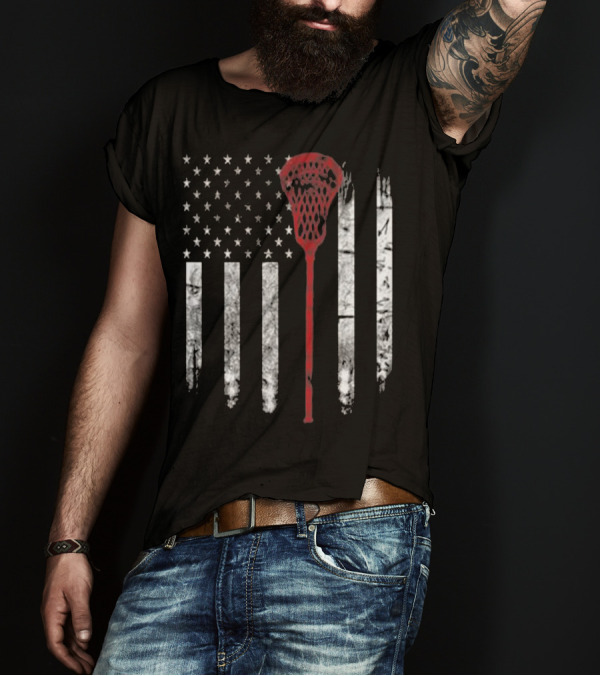 Lacrosse Stick USA Flag Premium Lacrosse American Patriotic T-Shirt