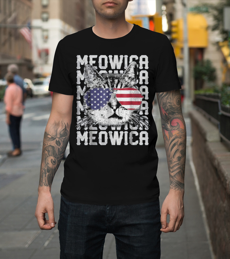 MEOWICA Cat Wearing American Flag Sunglasses 4th of July USA T-Shirt