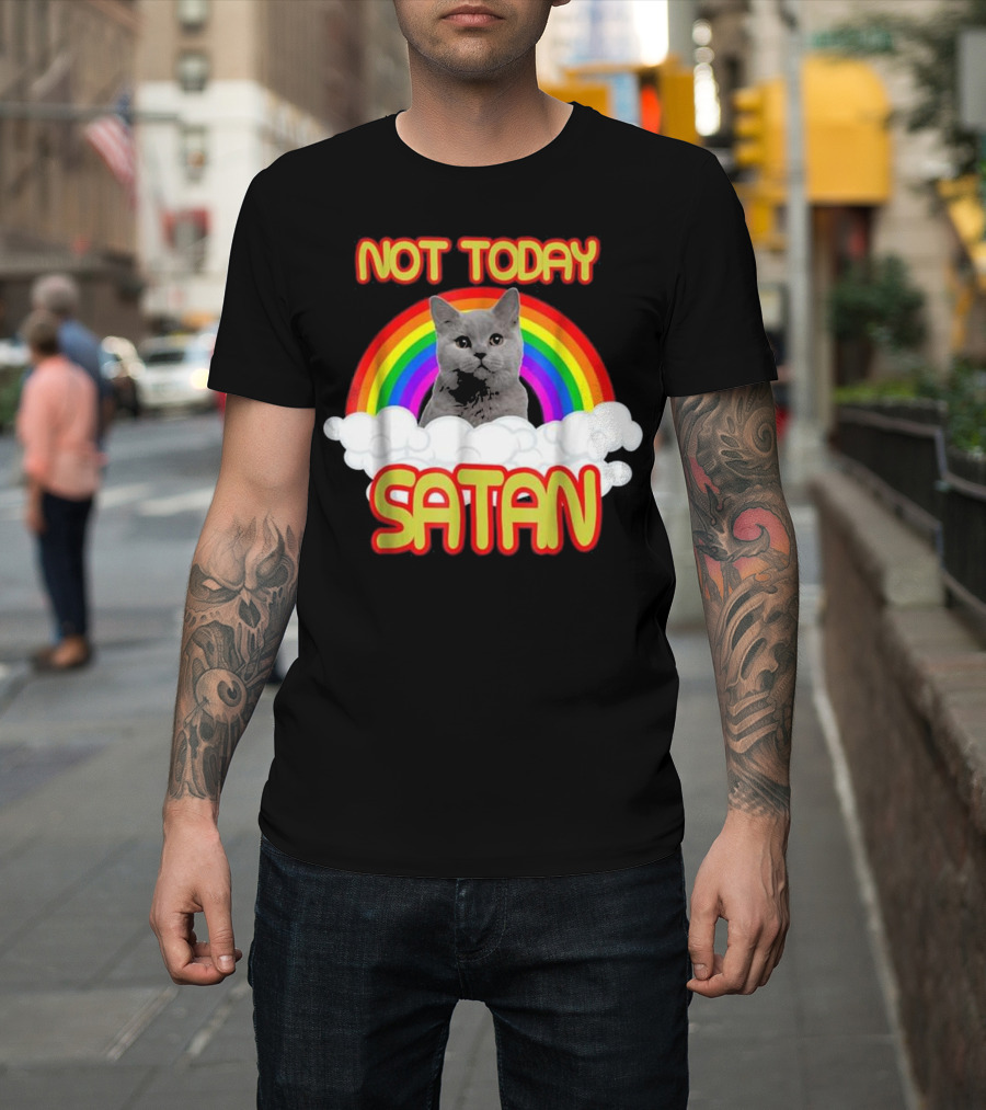 Not Today Satan Rainbow Cat with Clouds and Bright Colors T-Shirt