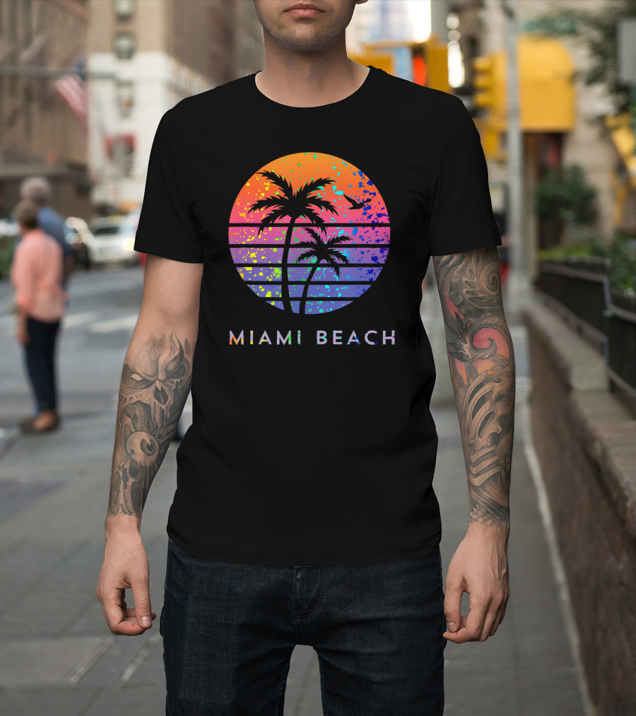 Miami Beach Vibrant Palm Tree Splatter Circle T-Shirt