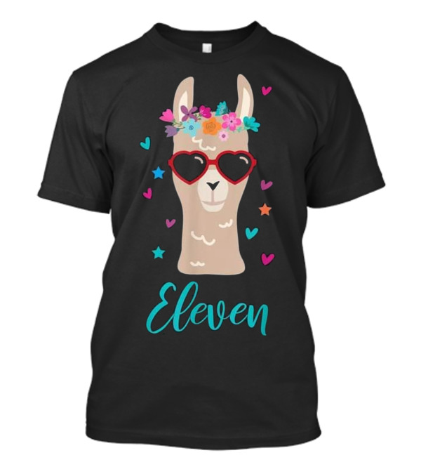 Llama Eleven Birthday Party Sunglasses Heart Flowers T-Shirt