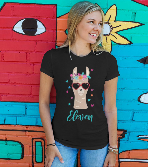 Llama Eleven Birthday Party Sunglasses Heart Flowers T-Shirt