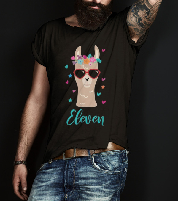 Llama Eleven Birthday Party Sunglasses Heart Flowers T-Shirt