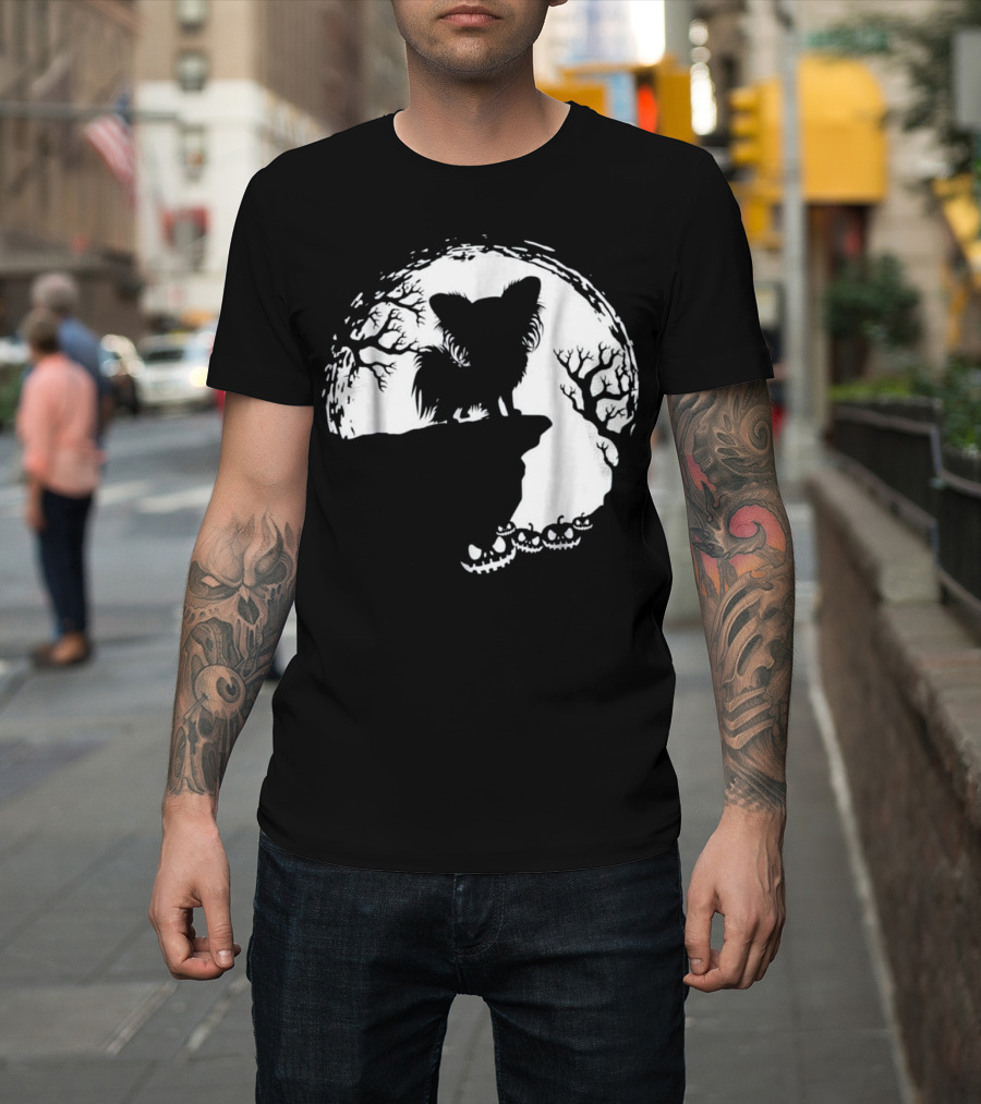 Moonlit Silhouette of Dog with Pumpkin and Tree Scene T-Shirt