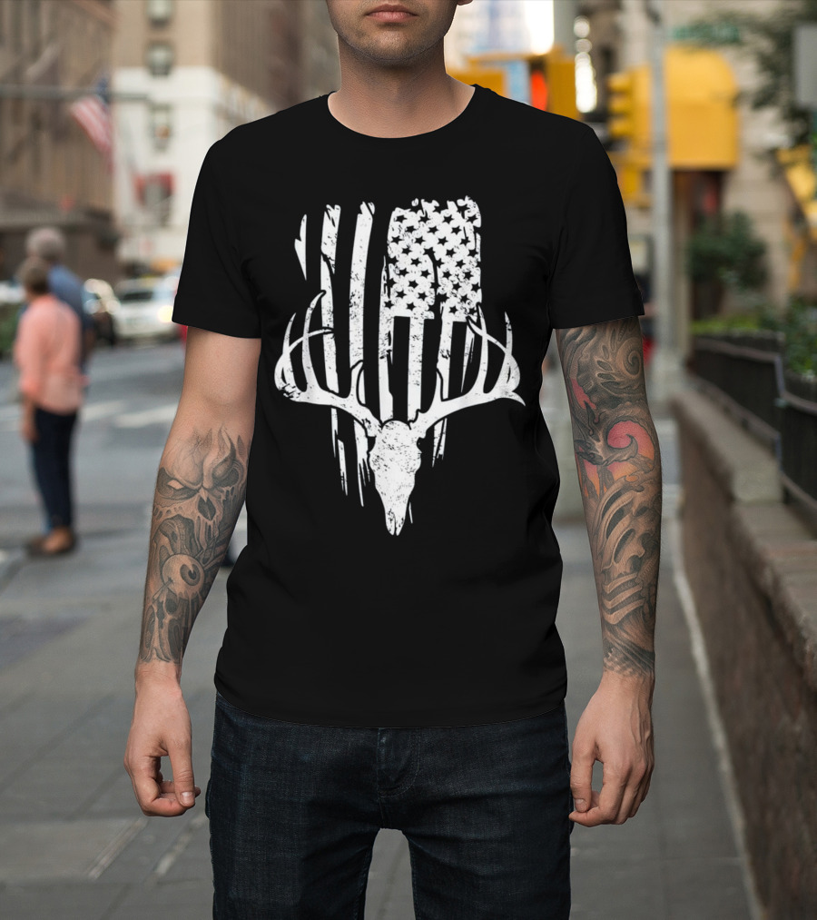 Deer Antler Skull with American Flag Stripes and Stars T-Shirt