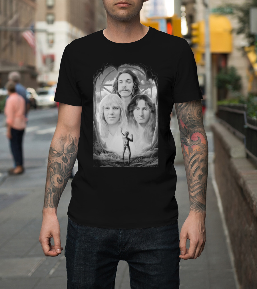 Rush Band Members with Starman Symbol and Celestial Background T-Shirt