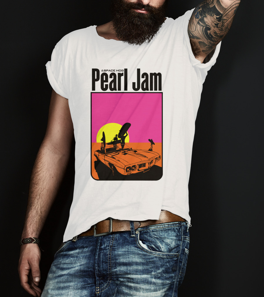 Pearl Jam & Space Hog Surfing Graphic Car Sunset T-Shirt