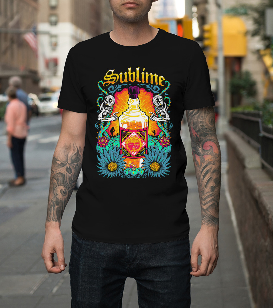 Sublime Tequila Bottle With Skeletons And Flowers T-Shirt
