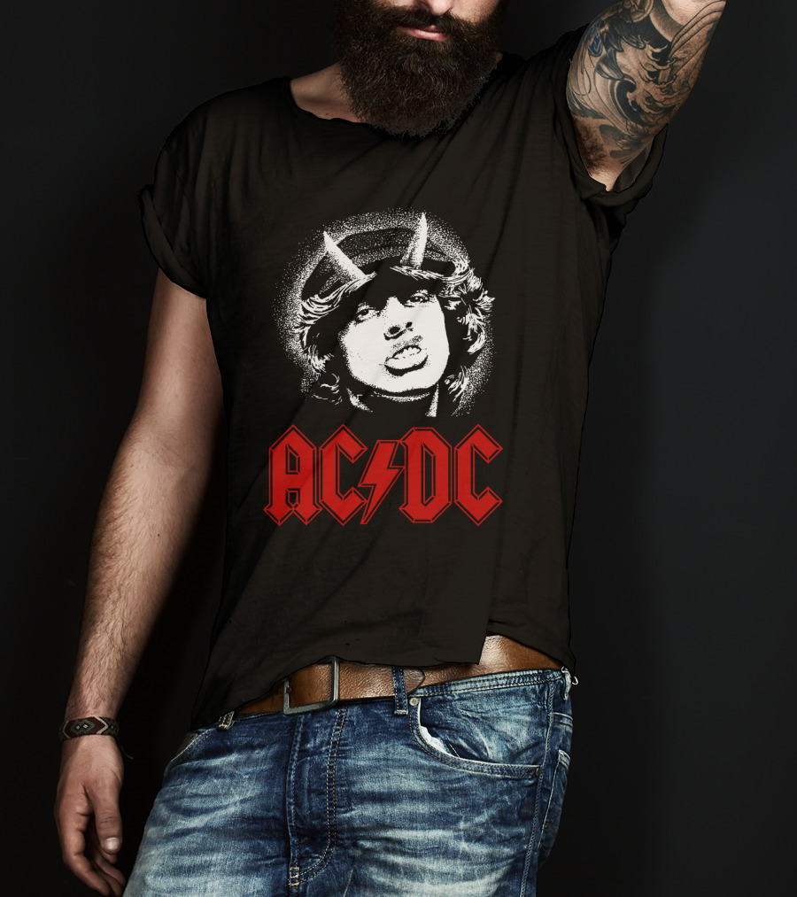Acdc Rock Band Portrait With Red Logo And Horns T-Shirt