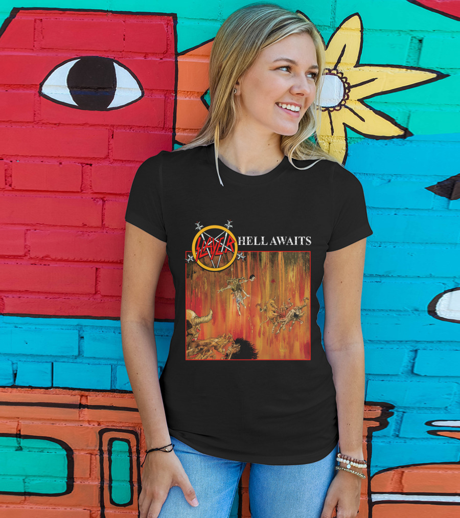 Slayer Hell Awaits Logo With Demonic Falling Figures And Fiery Scene T-Shirt